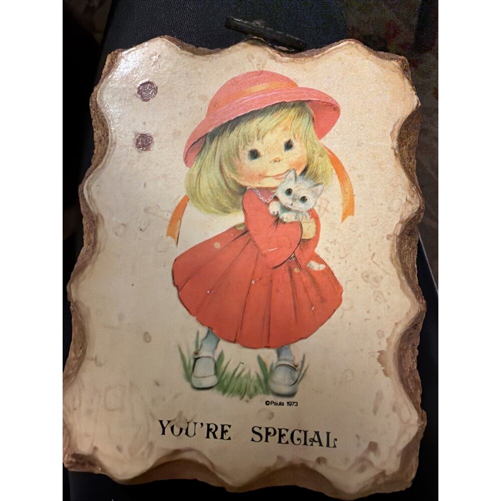 Vtg 70s Paula Cutes You’re Special‎ Wall Decor Little Girl Pink Hat4.5x3.5